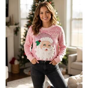 Holiday Hype Pink Santa Ugly Christmas Sweater L Cozy Knit Pastel Tinsel Chic